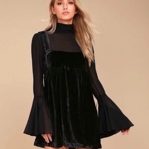 Free People Counting Stars Black Velvet Witchy Babydoll Mini Sheer Dress Size L